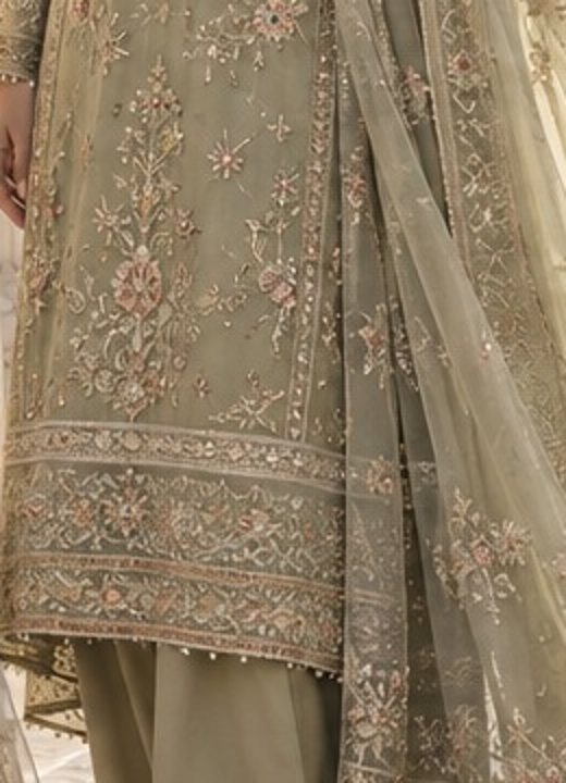 Rose and gold floral embroidery on sage chiffon