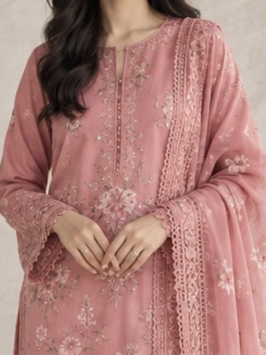 Rose printed lawn with an embroidered neckline