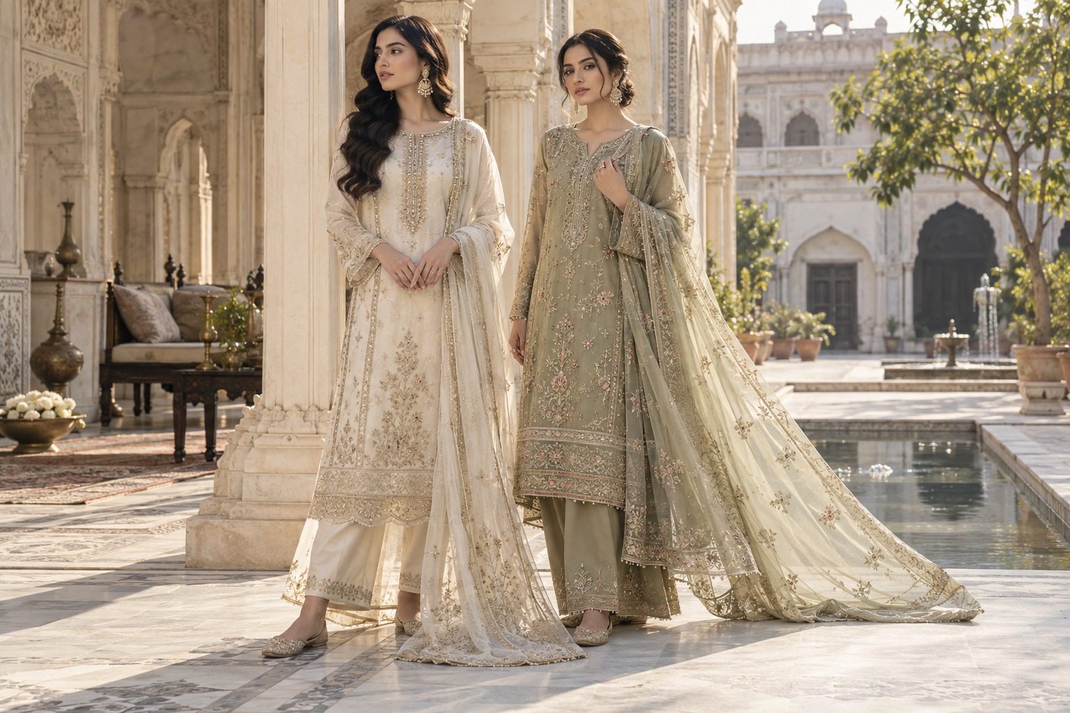 Two women in embroidered ivory and sage outfits in a sunlit marble courtyard