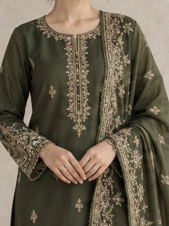 Antique-gold zari on olive raw silk