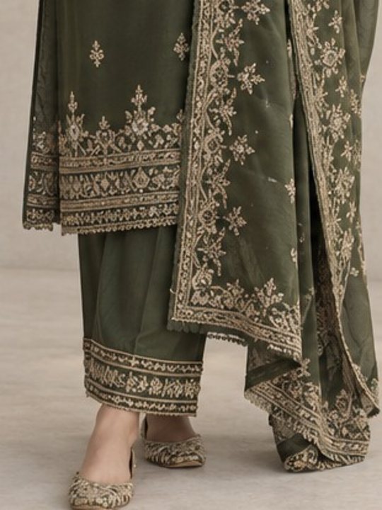 The embroidered border of a raw silk trouser and dupatta